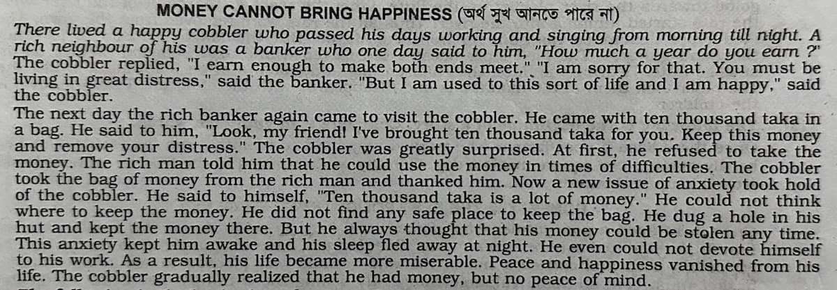money cannot bring happiness story